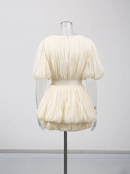Waist-Cinching Hip-Hugging Three-Dimensional Floral Pleated Vacation Short Dress