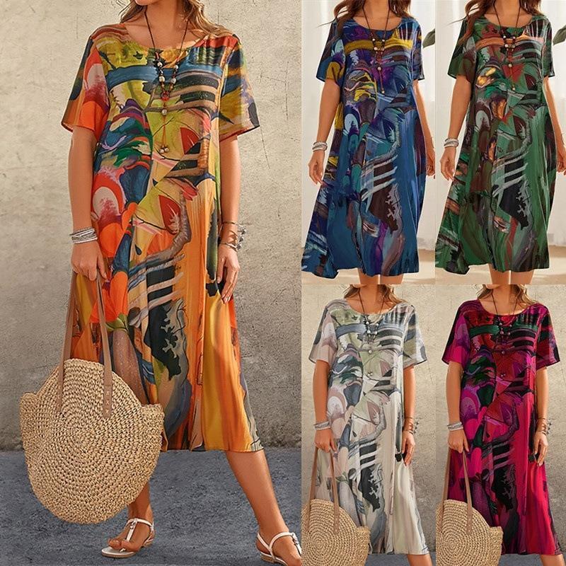 Waist Crewneck Loose Beach Long Dress