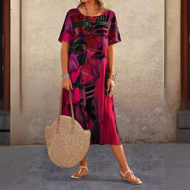 Waist Crewneck Loose Beach Long Dress