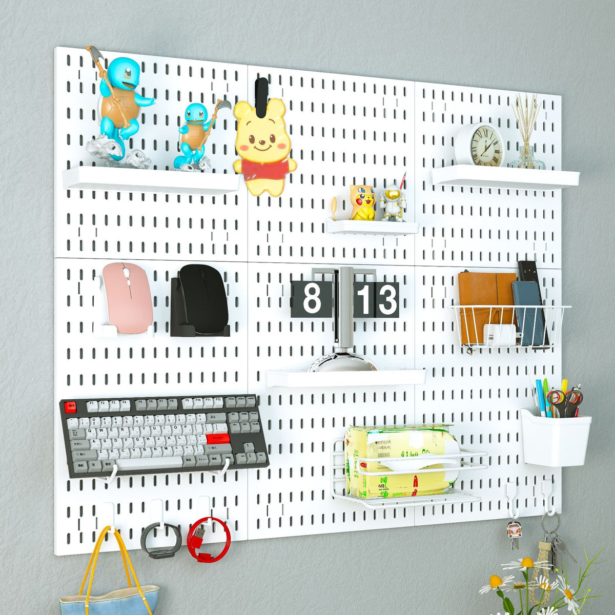 Wall-Mounted Perforated Storage Board with Hooks