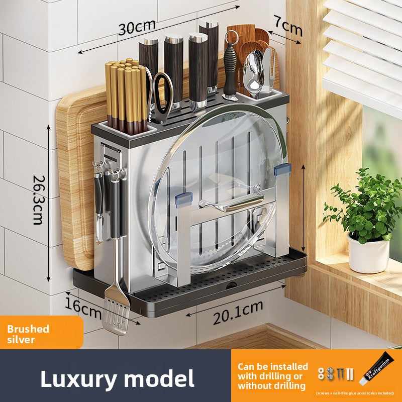 Wall Mounted Stainless Steel Knife Holder with Cutting Board Storage