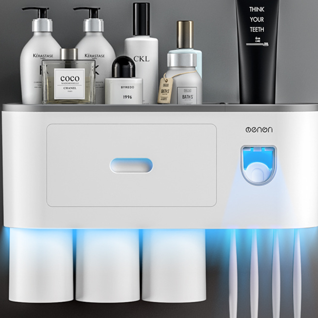 Wall-Mounted Toothbrush Cup Holder with Mouthwash Cup and Toothpaste Dispenser