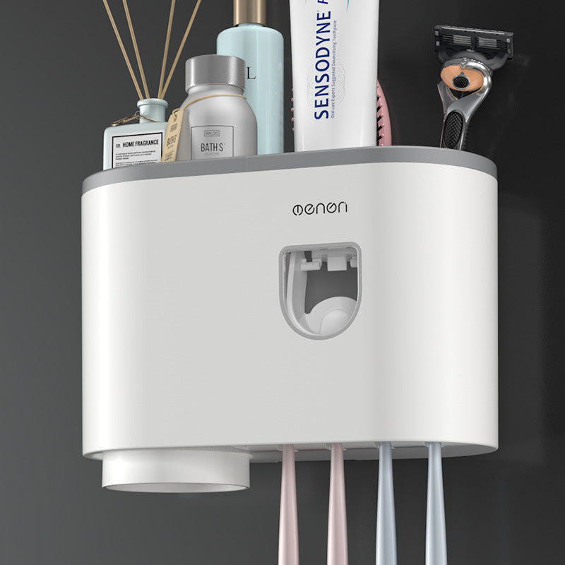 Wall-Mounted Toothbrush Cup Holder with Mouthwash Cup and Toothpaste Dispenser