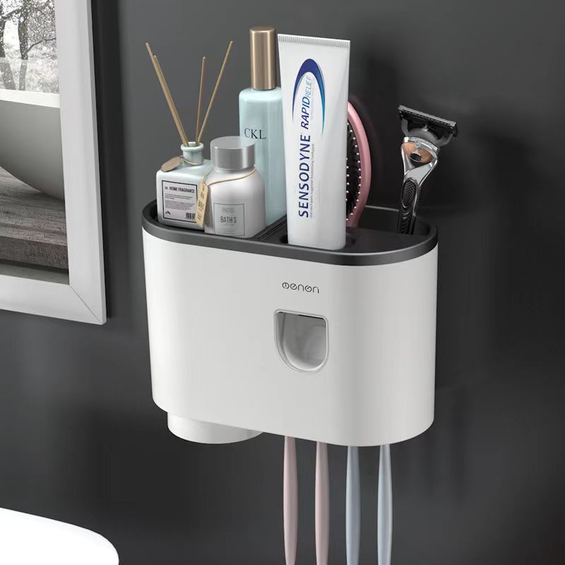Wall-Mounted Toothbrush Cup Holder with Mouthwash Cup and Toothpaste Dispenser