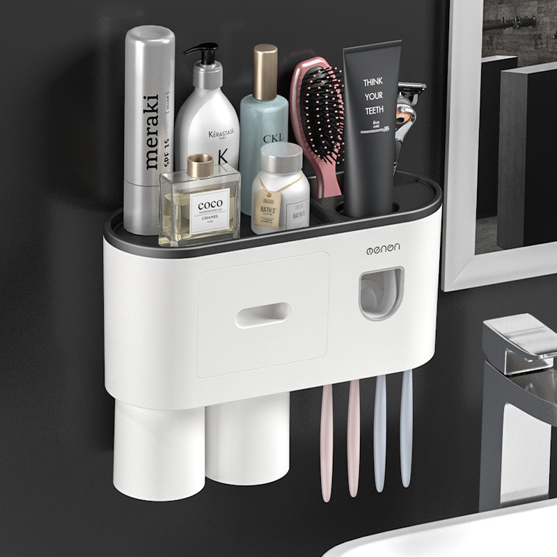 Wall-Mounted Toothbrush Cup Holder with Mouthwash Cup and Toothpaste Dispenser
