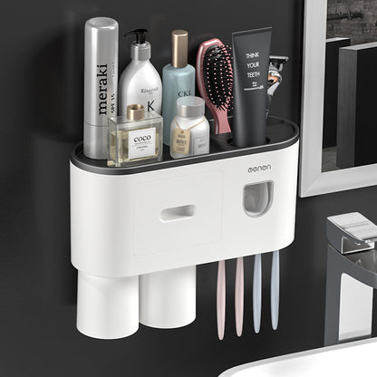 Wall-Mounted Toothbrush Cup Holder with Mouthwash Cup and Toothpaste Dispenser