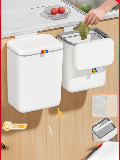 Wall-mounted trash can in the kitchen