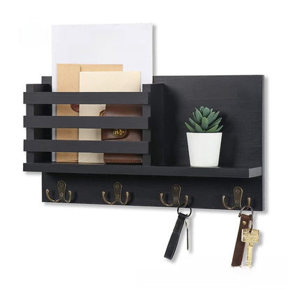 Wall-Mounted Wooden Mail and Key Storage Rack