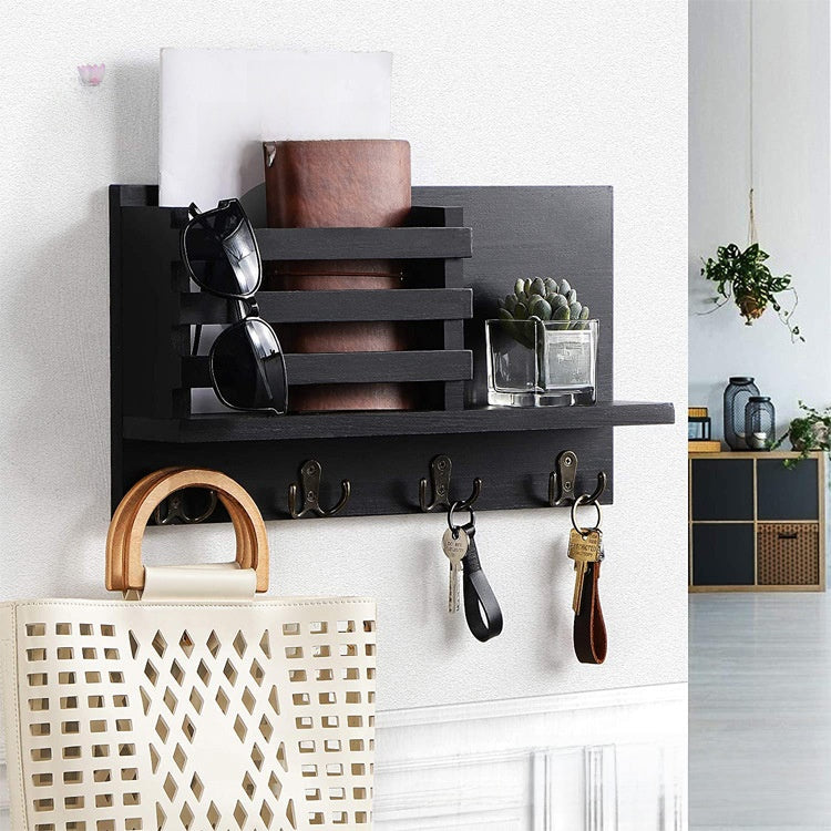 Wall-Mounted Wooden Mail and Key Storage Rack