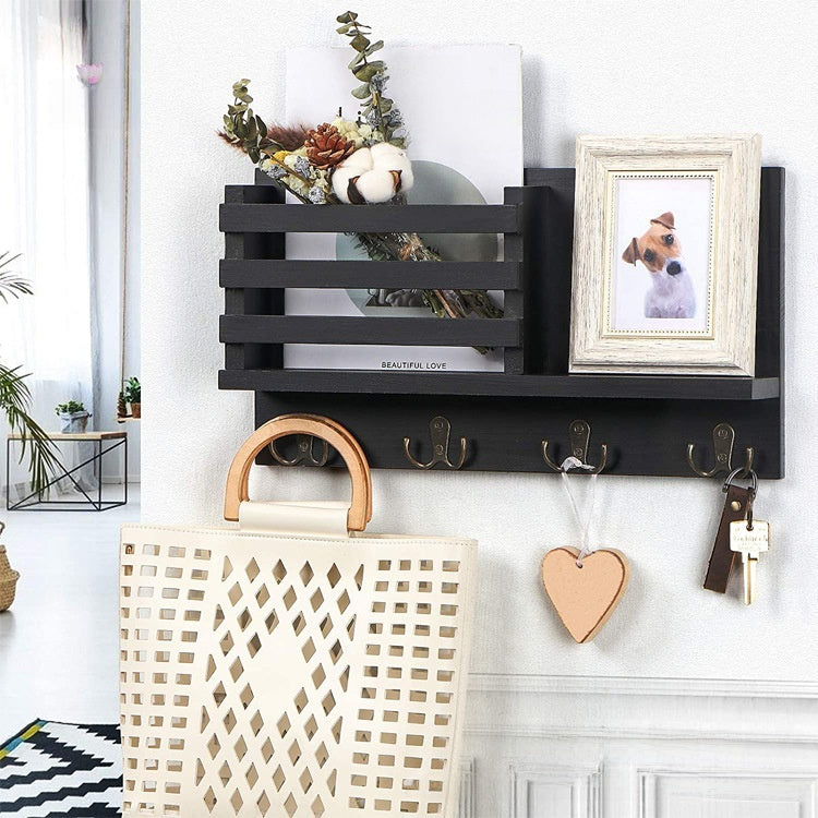 Wall-Mounted Wooden Mail and Key Storage Rack