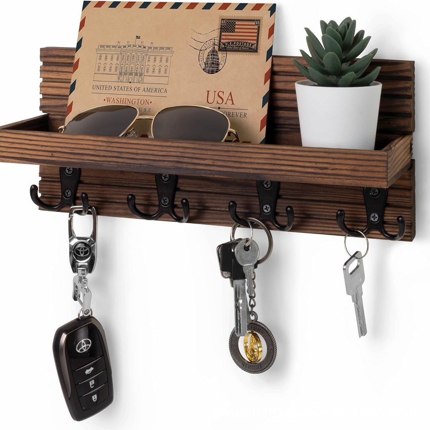Wall-Mounted Wooden Mail and Key Storage Rack