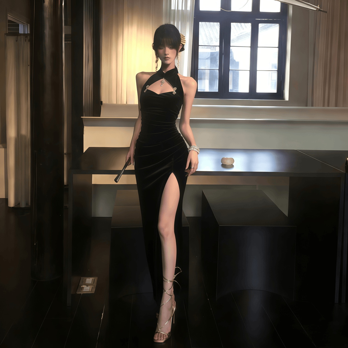 Wannathis Black Velvet Cheongsam Dress with Slit
