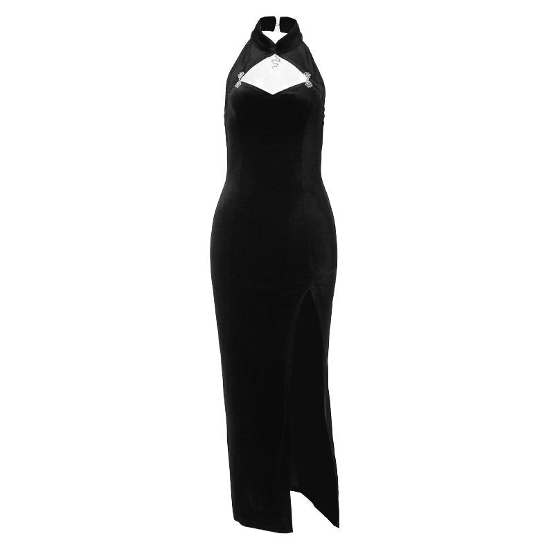 Wannathis Black Velvet Cheongsam Dress with Slit
