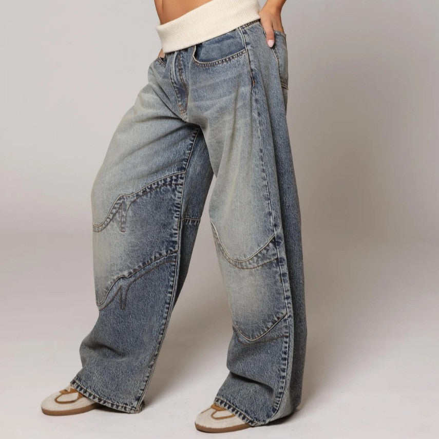 Washed and aged blue jeans for men and women