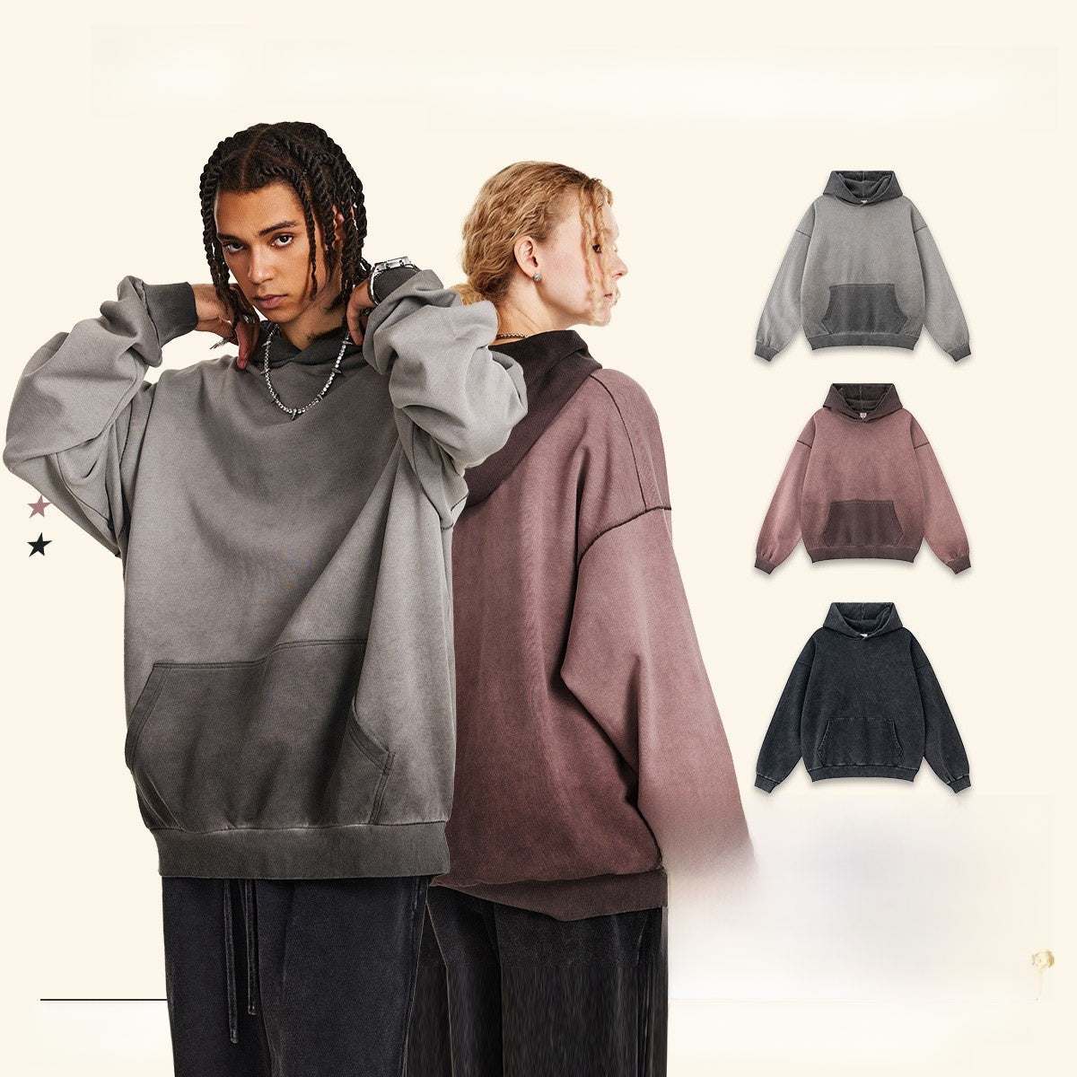 Washed Contrasting Retro Hooded Sweatshirt
