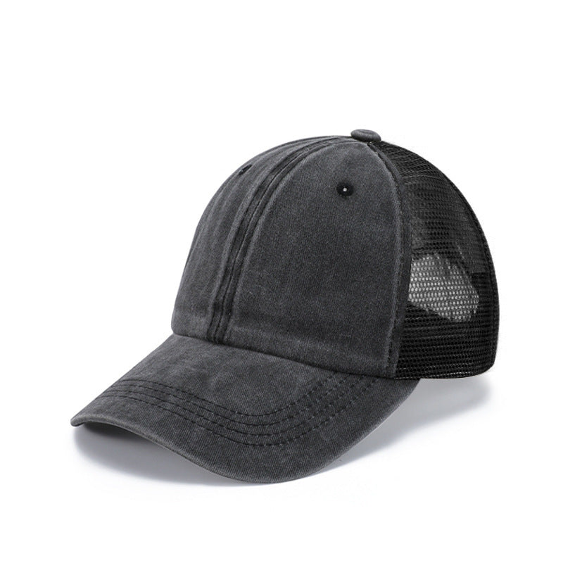 Washed Cotton Baseball Cap with Mesh Panels