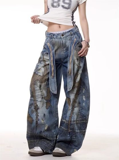 Washed curved knife loose jeans