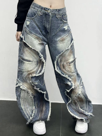 Washed curved-patterned mud-dyed jeans