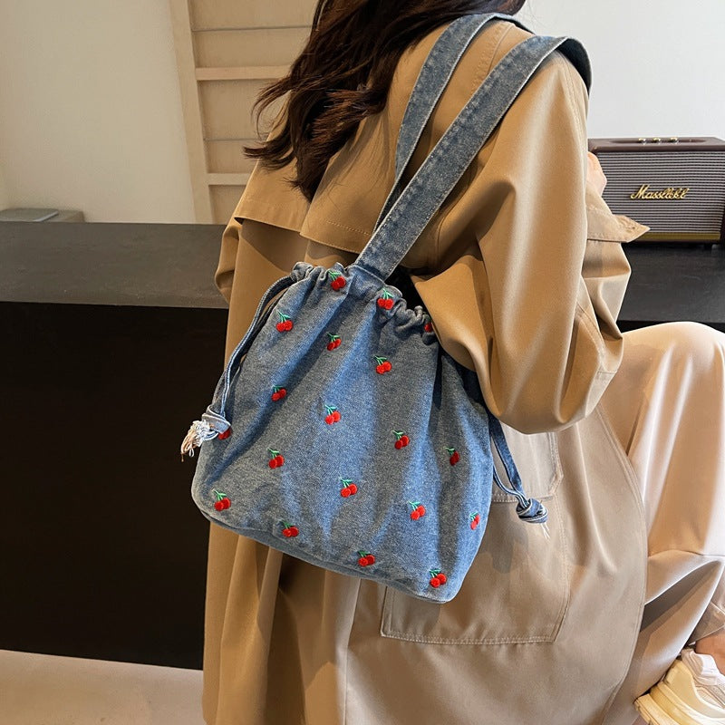Washed Denim Bucket Bag with Cherry Embroidery