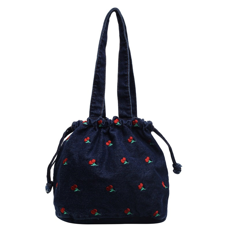 Washed Denim Bucket Bag with Cherry Embroidery