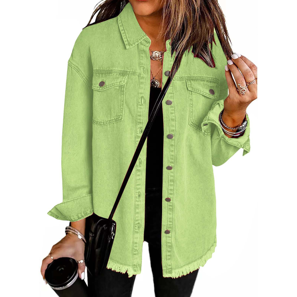 Washed Denim Shirt Jacket with Frayed Hem