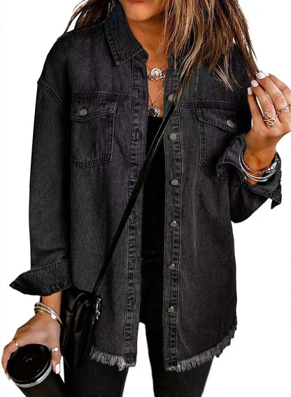 Washed Denim Shirt Jacket with Frayed Hem