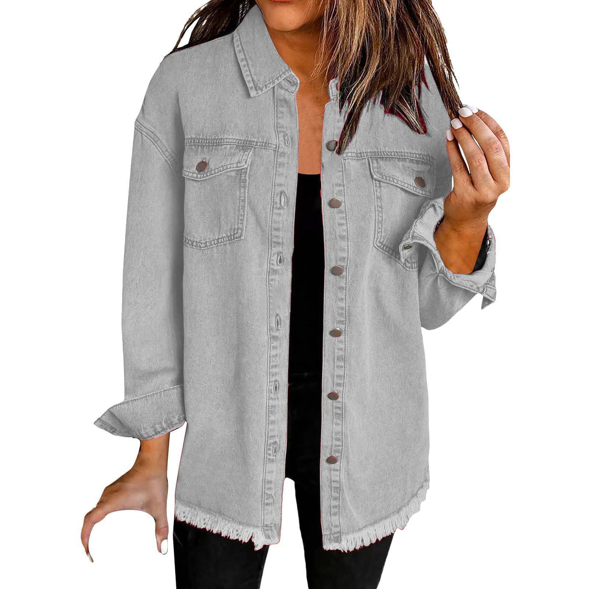 Washed Denim Shirt Jacket with Frayed Hem