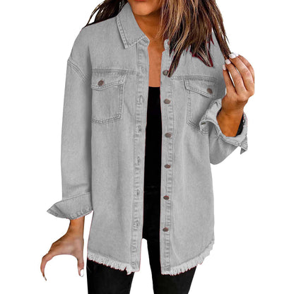 Washed Denim Shirt Jacket with Frayed Hem
