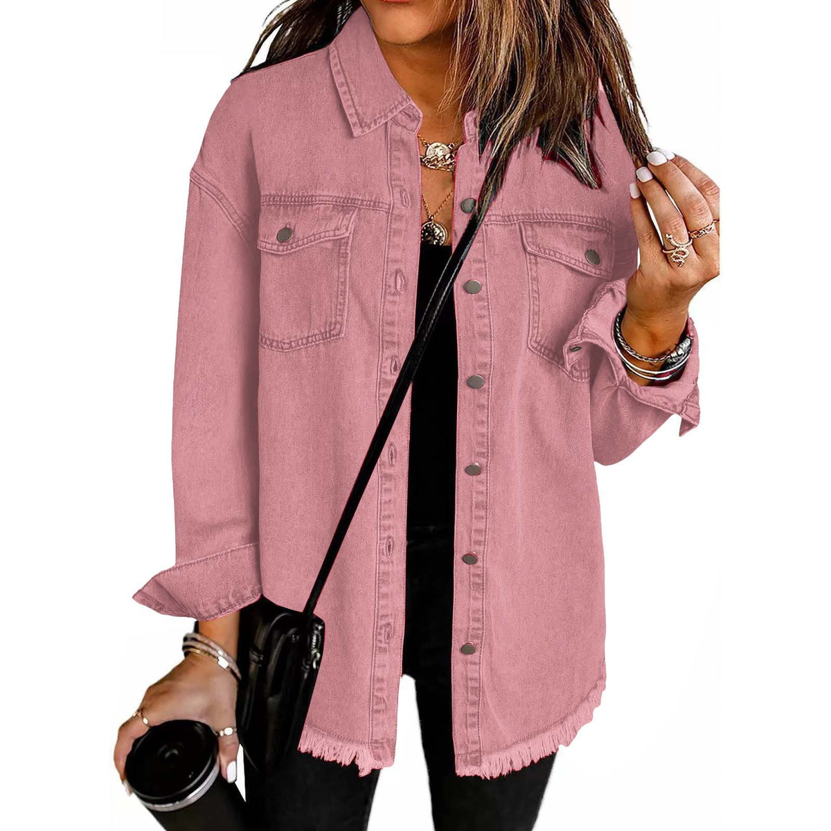 Washed Denim Shirt Jacket with Frayed Hem