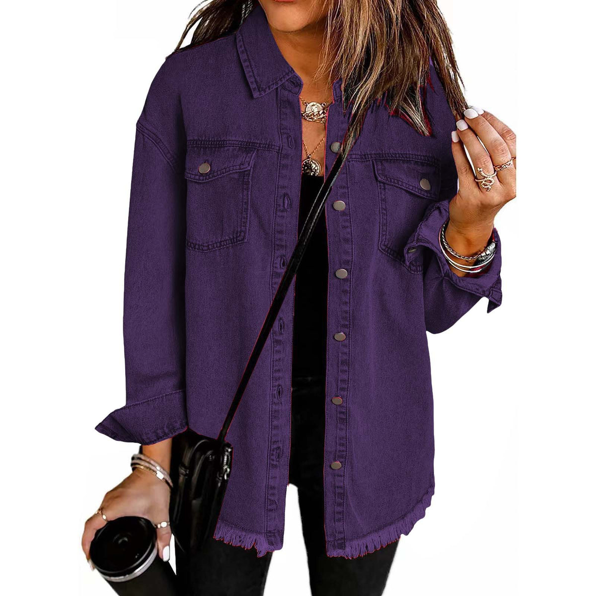 Washed Denim Shirt Jacket with Frayed Hem