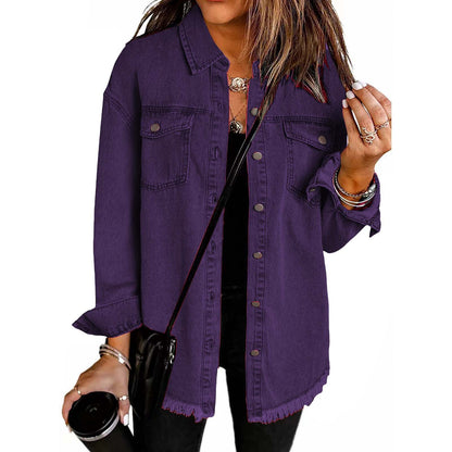 Washed Denim Shirt Jacket with Frayed Hem