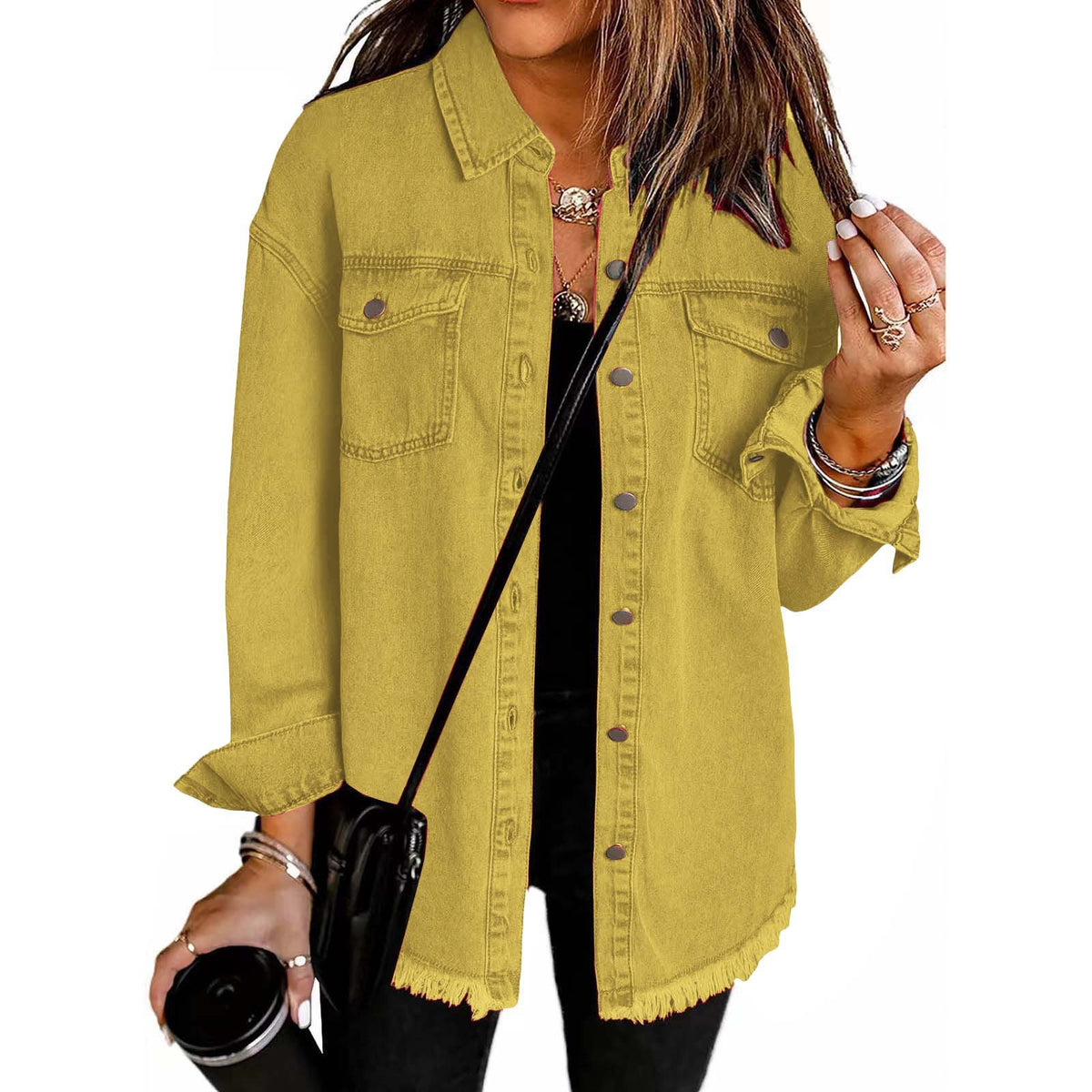 Washed Denim Shirt Jacket with Frayed Hem