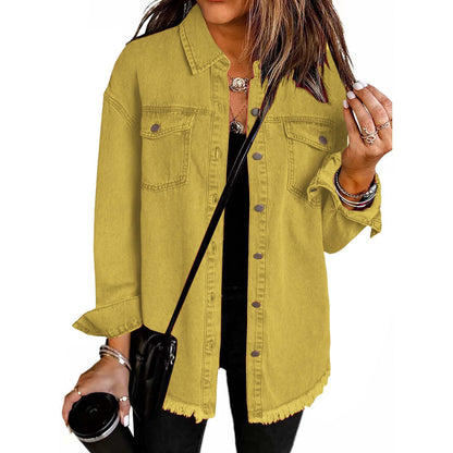 Washed Denim Shirt Jacket with Frayed Hem