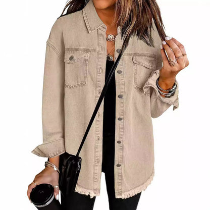 Washed Denim Shirt Jacket with Frayed Hem