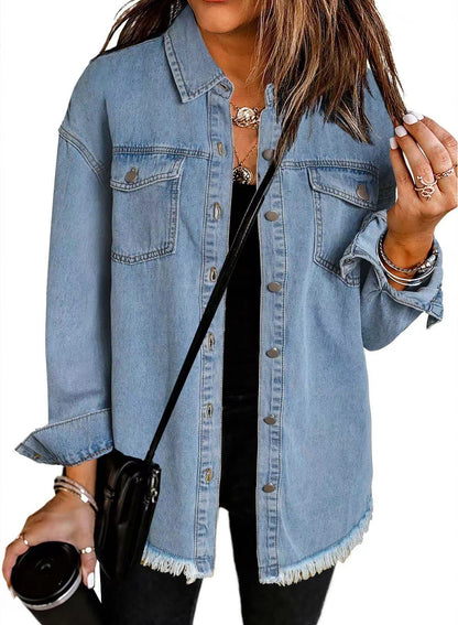 Washed Denim Shirt Jacket with Frayed Hem
