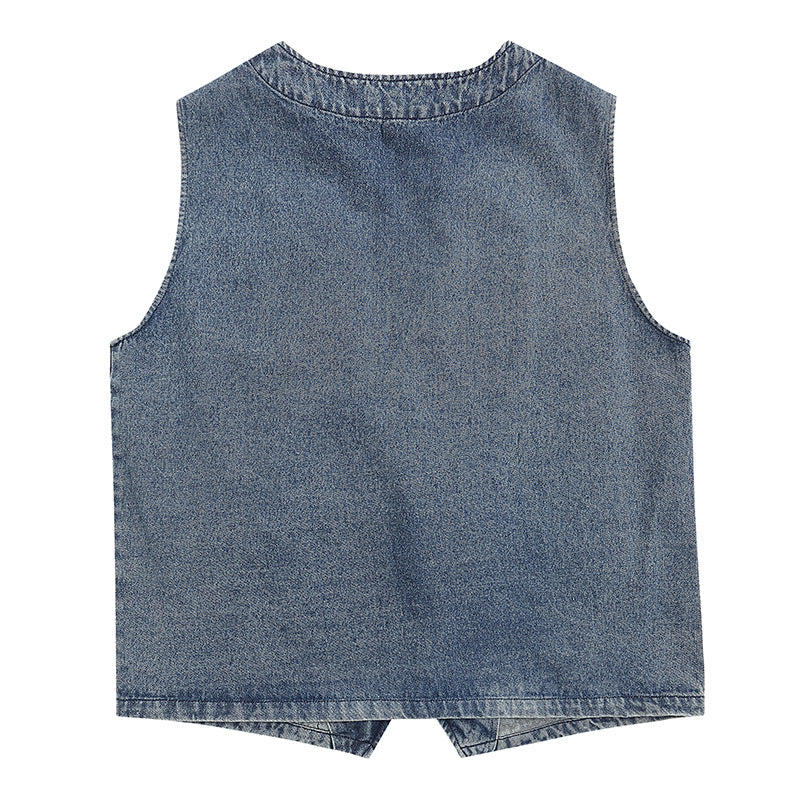 Washed Denim Vest with Floral Embroidery