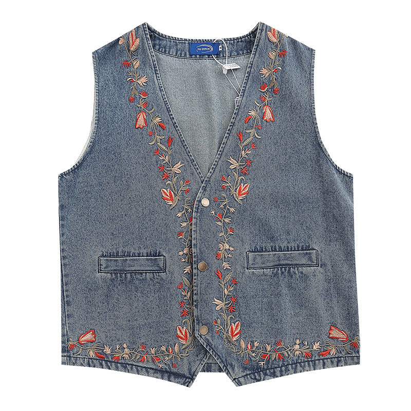 Washed Denim Vest with Floral Embroidery