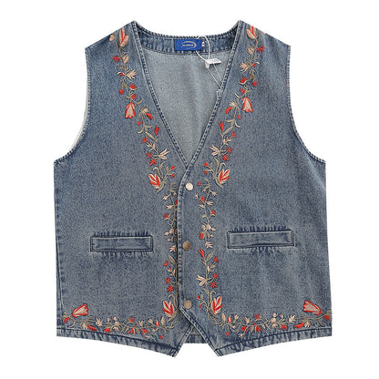Washed Denim Vest with Floral Embroidery