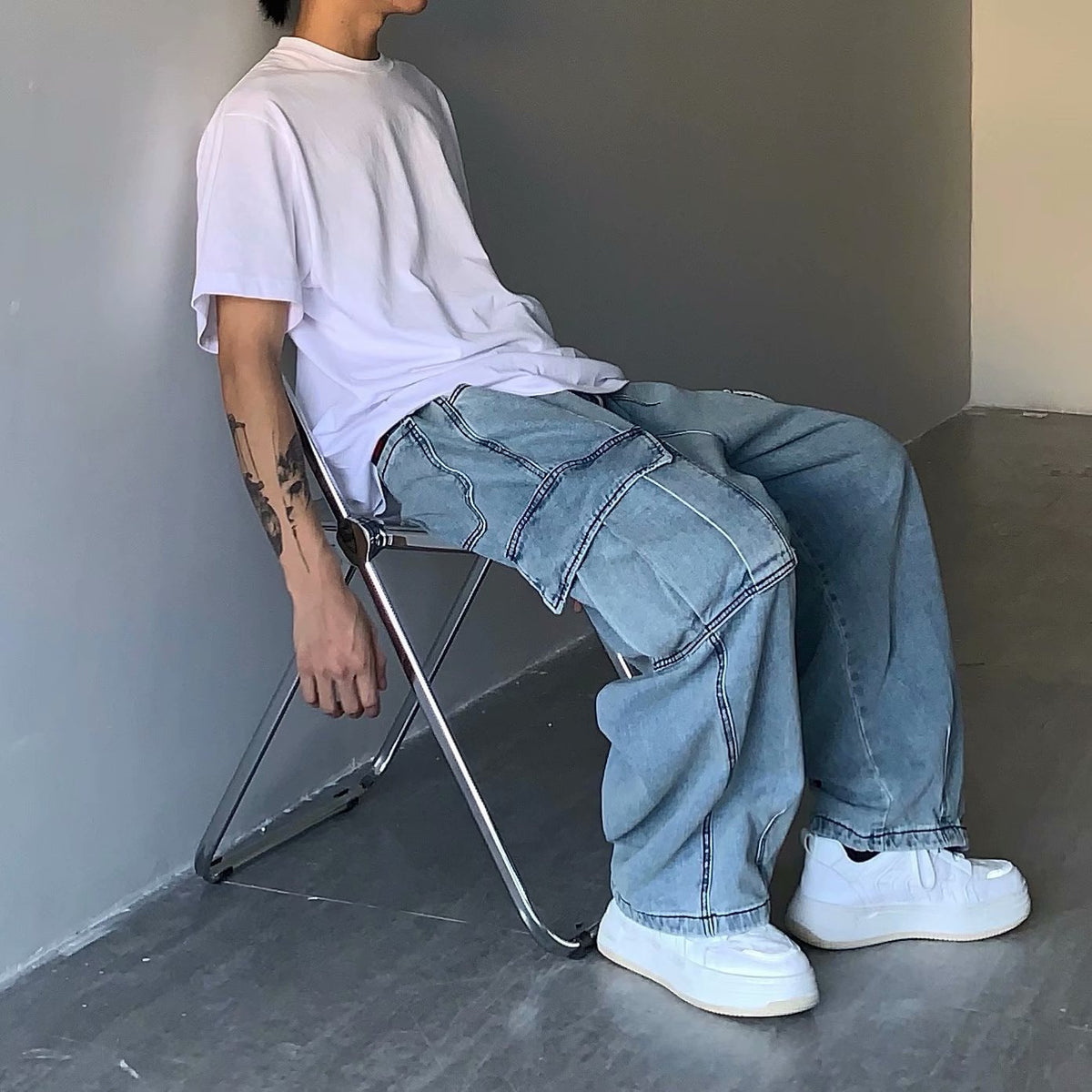 Washed Denim Wide Leg Pants