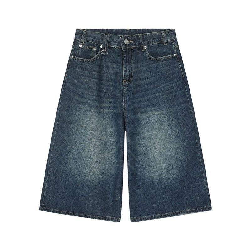 Washed distressed cropped denim shorts