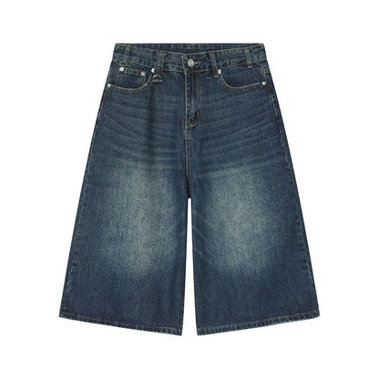 Washed distressed cropped denim shorts