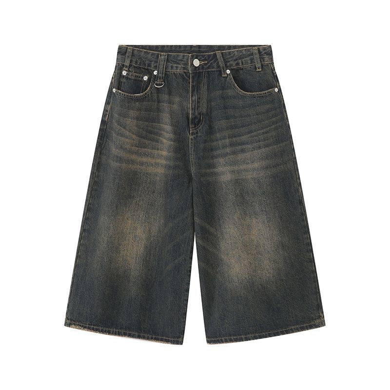 Washed distressed cropped denim shorts