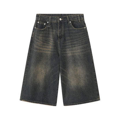 Washed distressed cropped denim shorts