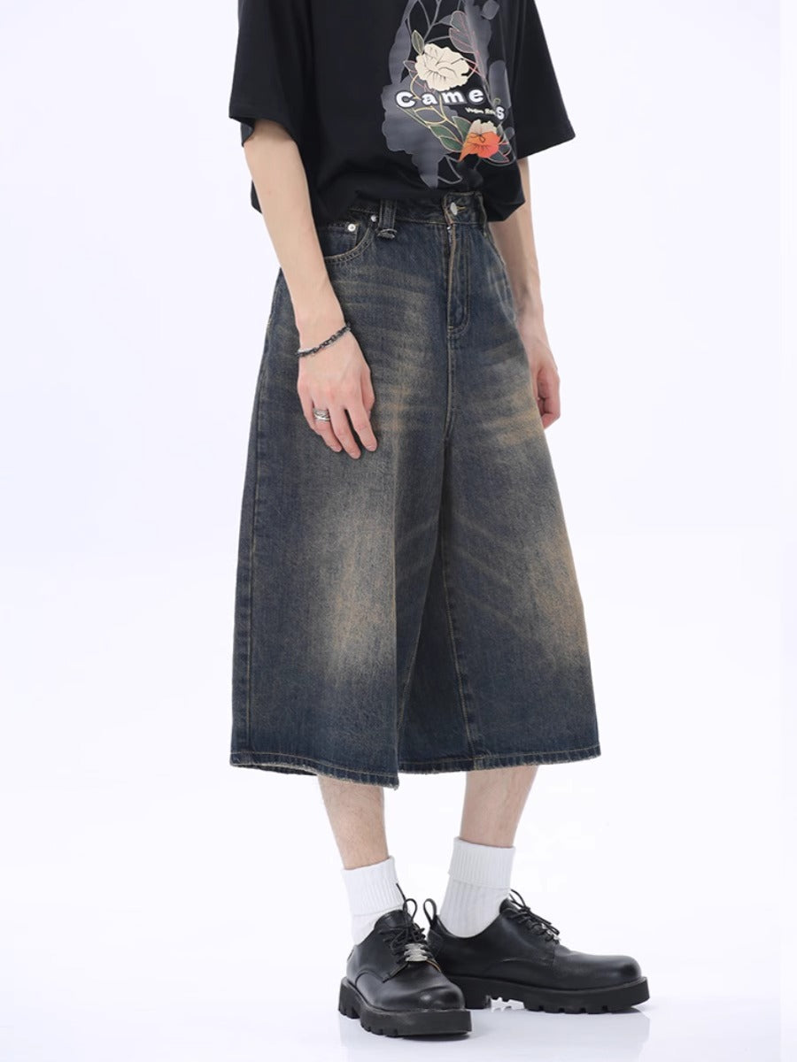 Washed distressed cropped denim shorts