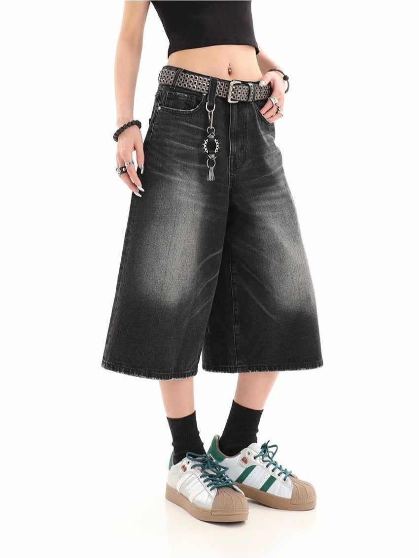 Washed distressed cropped denim shorts