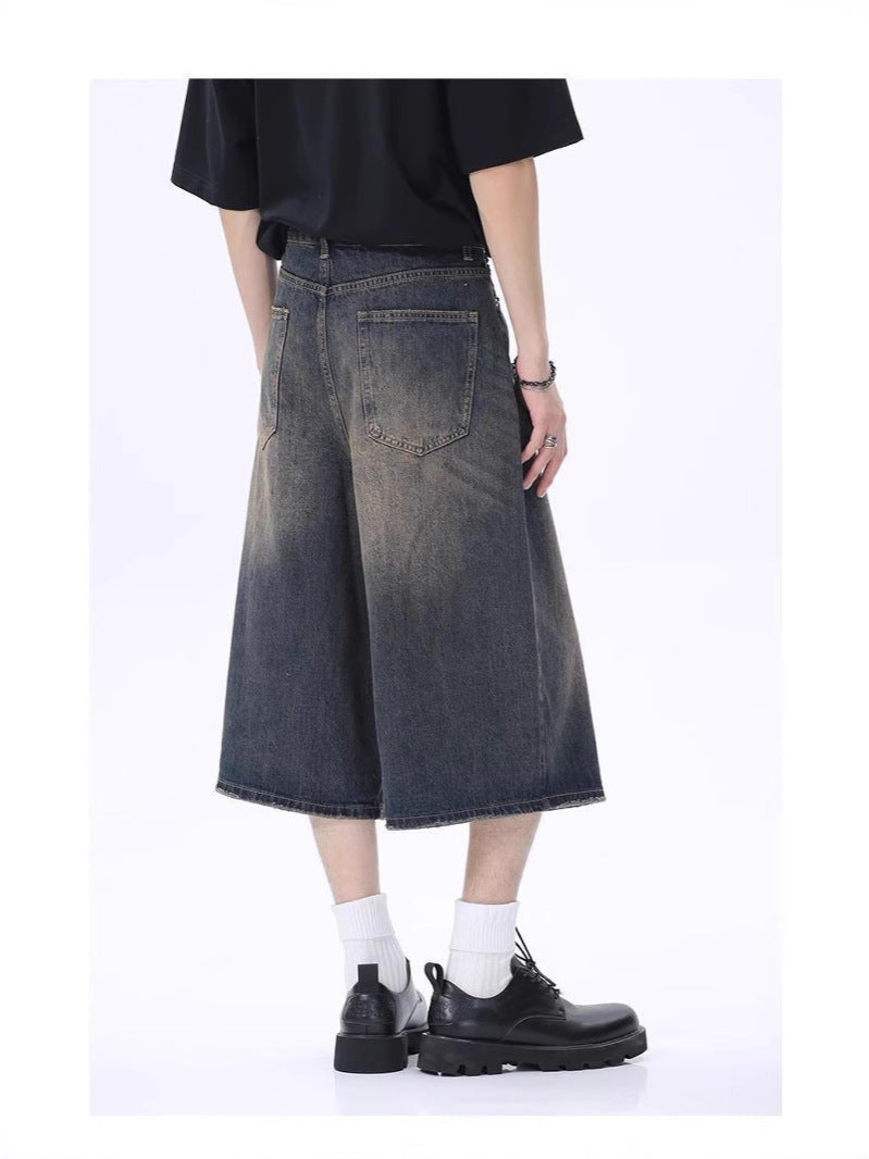 Washed distressed cropped denim shorts