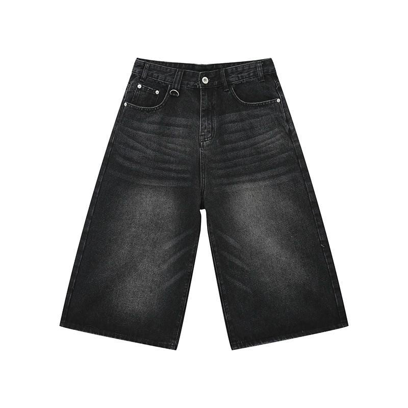 Washed distressed cropped denim shorts