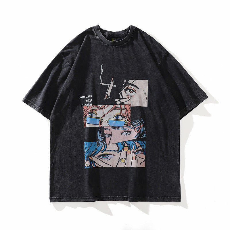 Washed Distressed Skeleton Print Cotton T-Shirt