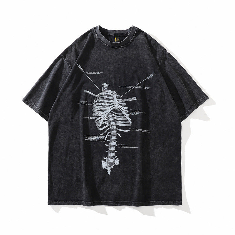 Washed Distressed Skeleton Print Cotton T-Shirt