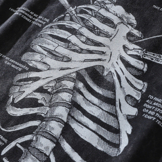 Washed Distressed Skeleton Print Cotton T-Shirt